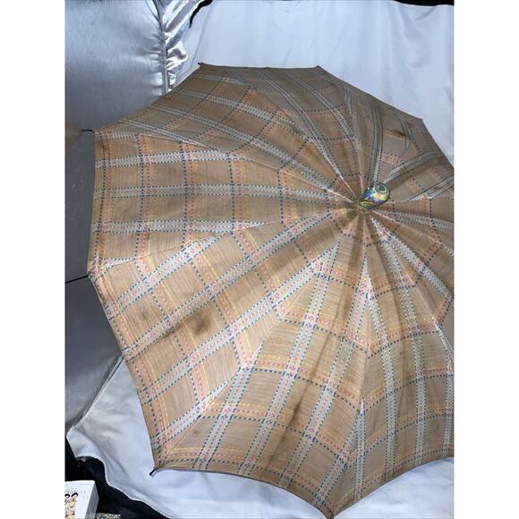 ANTIQUE VICTORIAN PARASOL PINK ORANGE YELLOW BLUE STRIPED MARBILIZED HANDLE - Picture 5 of 12